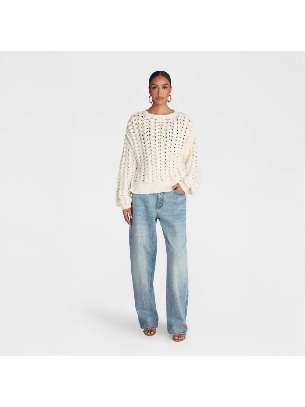 KBB by Kahlana Cream Ivory Chunky Cable Knit Cropped Sweater. Womens Size XL